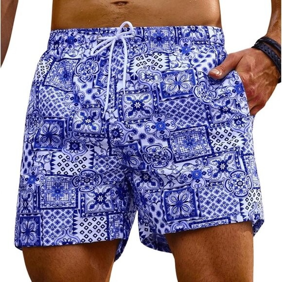 Men's Swim Trunk Floral Print Hawaiian Bathing Suit Beach Shorts with Pocket